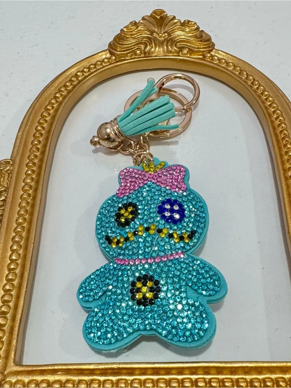 New Turquoise Crystal Girl Teddy Keychain  with Pink Bow